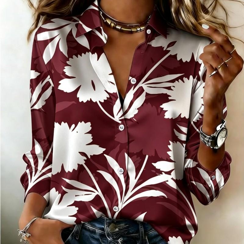 Women Satin Solid Base White Floral Silhouette Print Shirt Long Sleeve Lapel Button‑Down Blouse Elegant Minimalist Office Casual Ladies Top