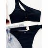 Women Swimsuit Female Bikini High Waisted Swimwear Black One Shoulder Bikini Set Swimming Suit Bathing Suits Beachwear EMA