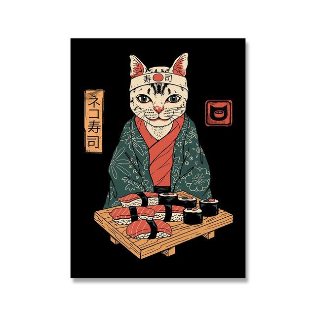 Японский самурайский кот, настенное искусство Неко Рамен, холст, картина, мультяшный постер с животными, фотографии, украшение для дома, ресторана, бара, Куадрос