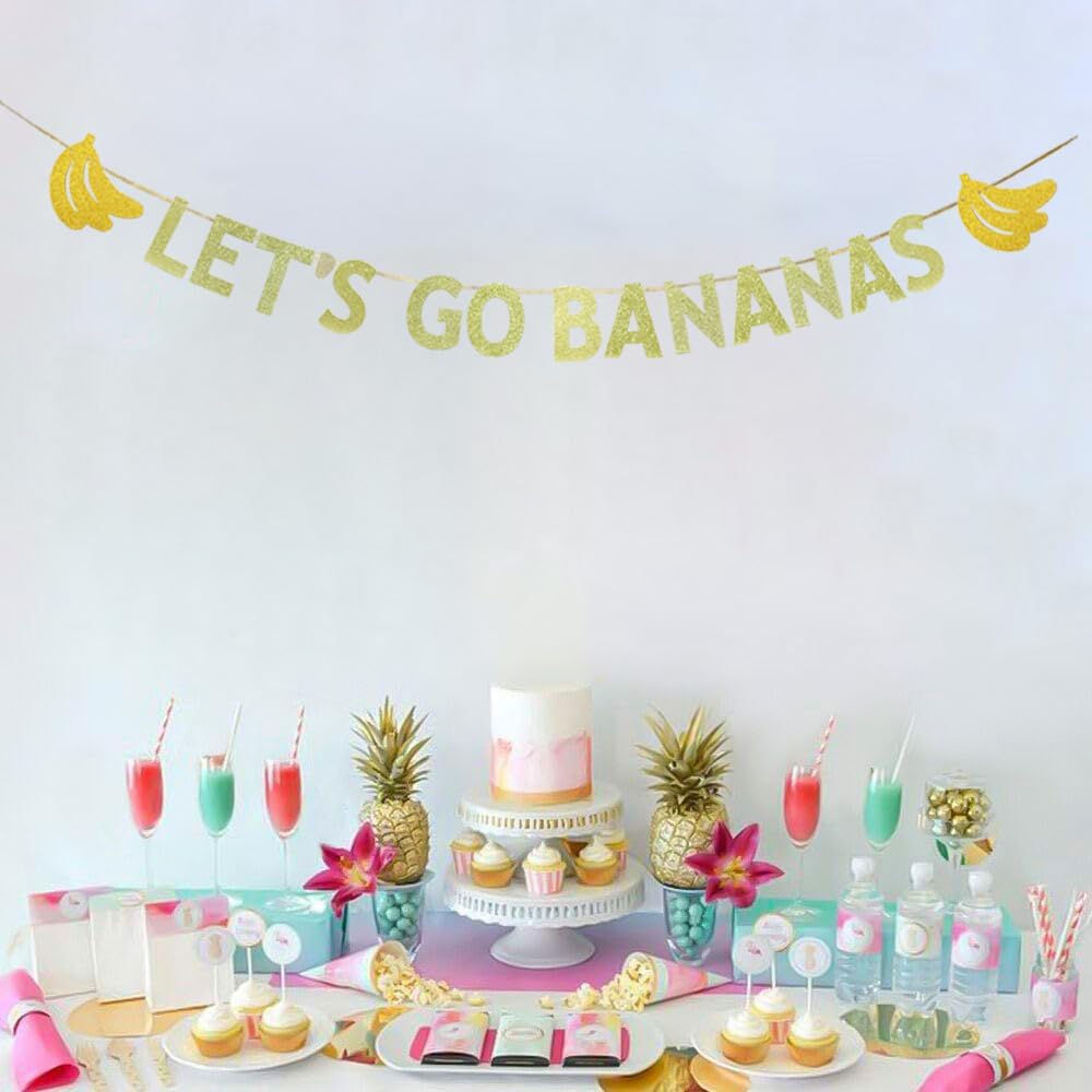 JENSENLIN Lets GO Bananas Letter Banner,Twotti Frutti Birthday Decorations,Banana Theme Party Banner for Fruit Birthday Party Decor,Gold Glitter.