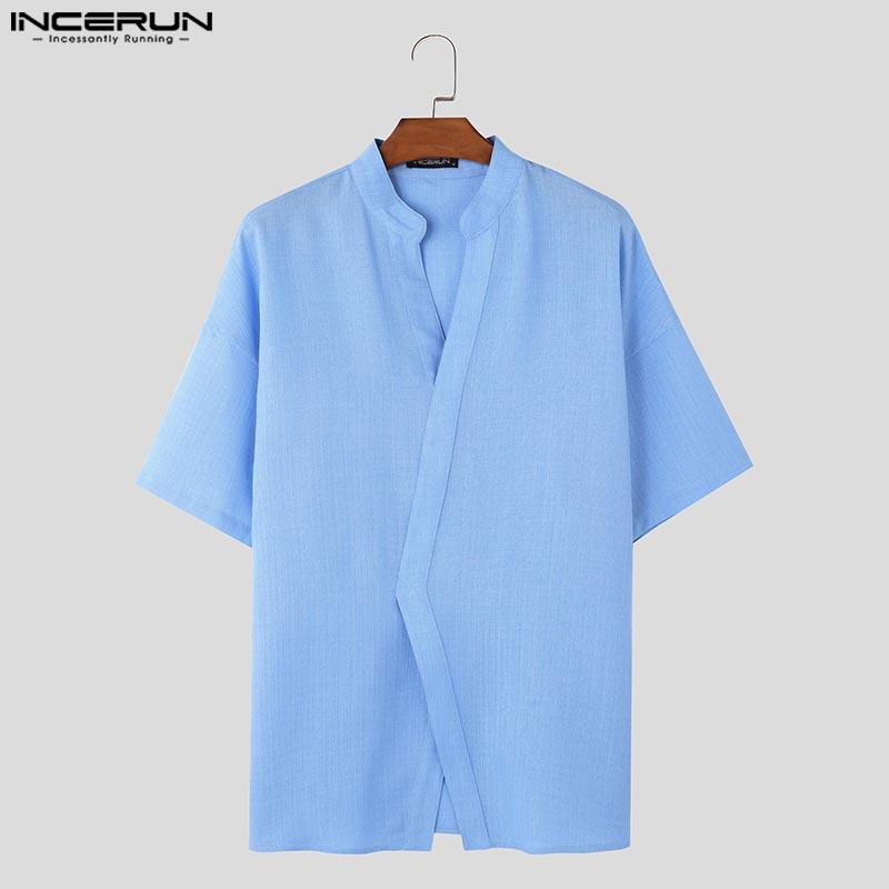 INCERUN Мужская летняя футболка с V-образным вырезом и коротким рукавом спереди, повседневная полупрозрачная футболка 