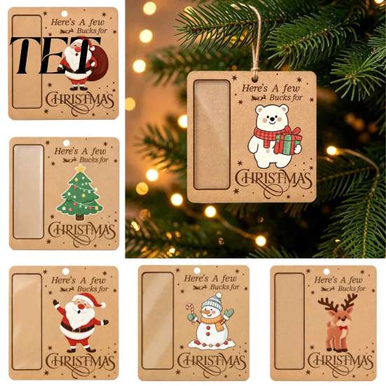 Christmas Money Holder Ornament Wooden Holder, Vintage Cash Gift Hanging Ornaments Holiday Box with Santa/Snowman/Tree Pattern for Xmas Party,