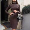 Длинный рукав трикотажное платье женское осень зима винтажное однотонное облегающее вечернее платье элегантные водолазки свитер платья