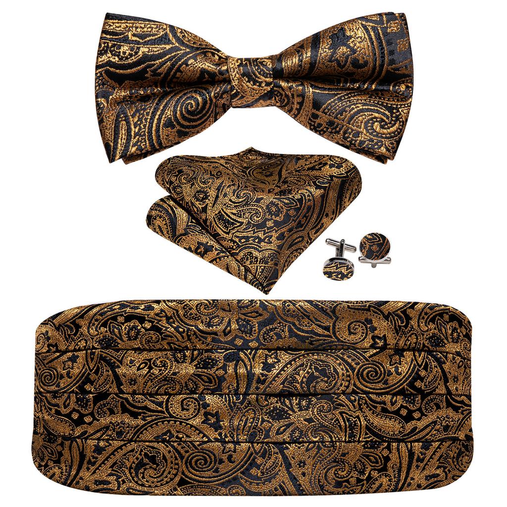 Barry.Wang Mens Cummerbund Belt and Bowtie Set Silk Pre Bow Tie Hanky Cufflink Set