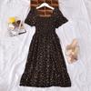 "French Retro Floral Square Neck Puff Sleeve Dress for Petite Women - High Waist, Sweet, Short Spring Style"