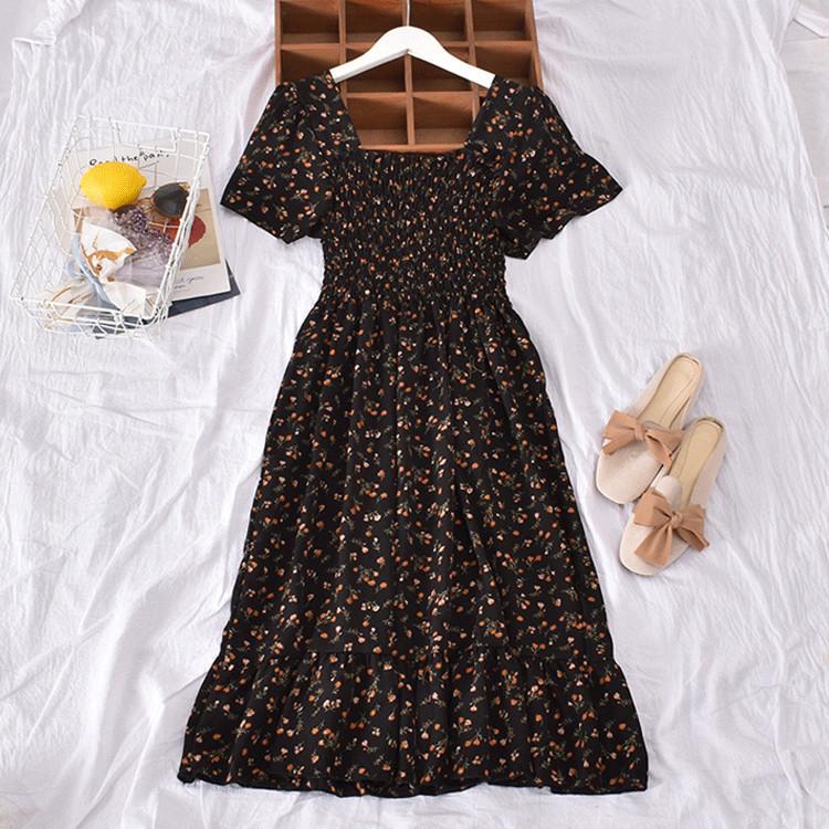 "French Retro Floral Square Neck Puff Sleeve Dress for Petite Women - High Waist, Sweet, Short Spring Style"