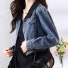 Cropped Denim Jacket Women Korean Fashion Back Split Buttons Up Bomber Jacket Female Lapel Long Sleeve Jeans Coats