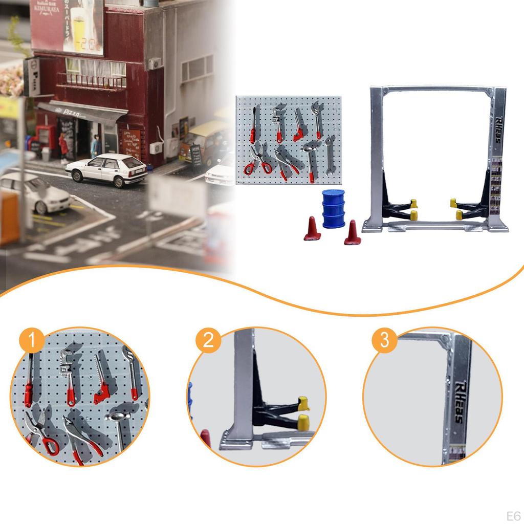 Диорама 1/64 Автогараж Инструменты для обслуживания Архитектурная модель Реалистичные дорожные конусы Подъемник Козловой кран