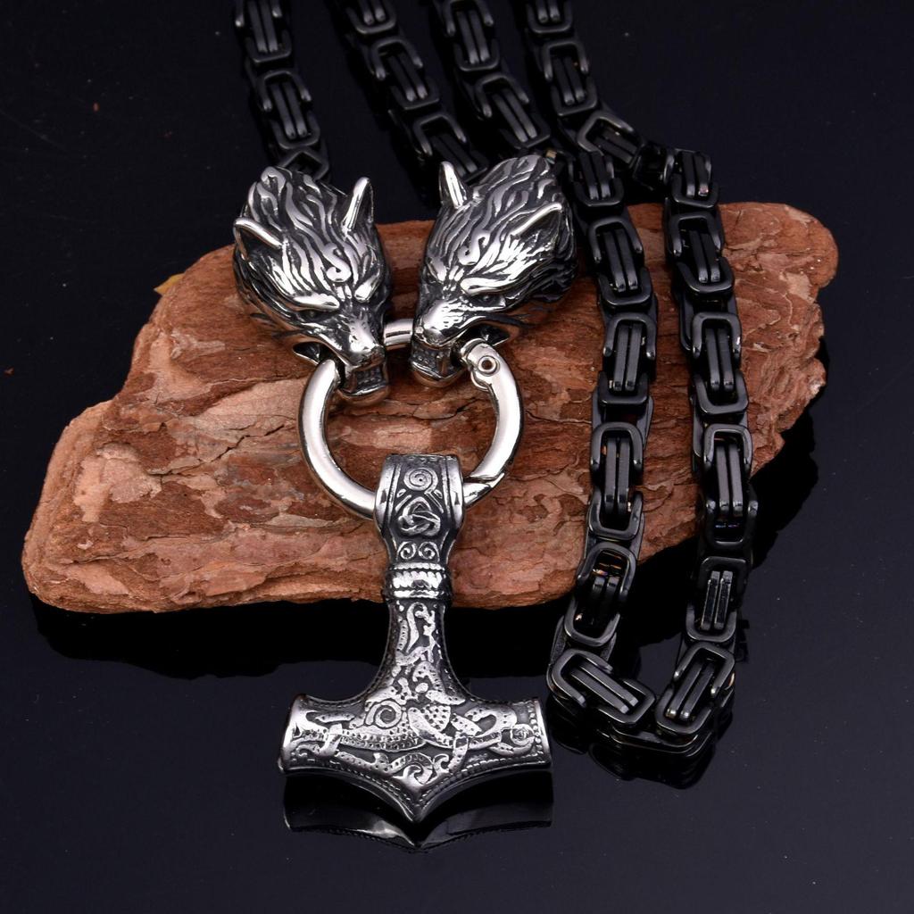 Популярное мужское ожерелье из нержавеющей стали с головой волка викингов, Молот Тора, ожерелье, императорская цепочка, ожерелье 