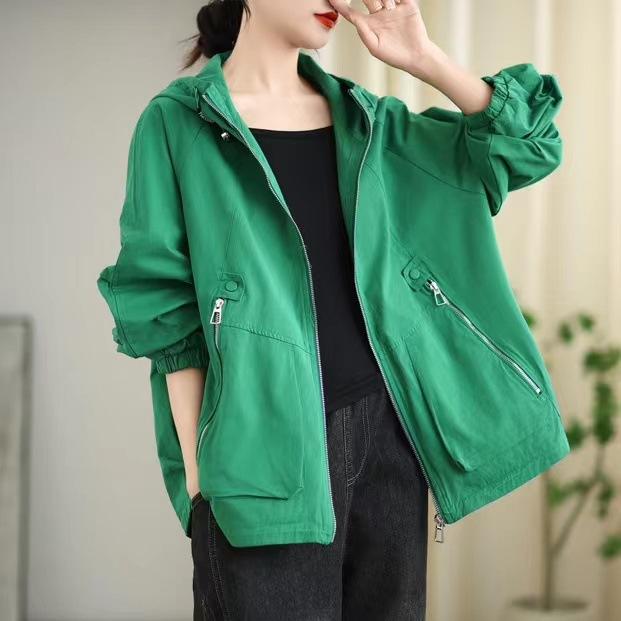 Johnature Woman Autumn Vintage Loose Casual Personality Coat Zipper Solid Color Long Sleeves Hooded Coat