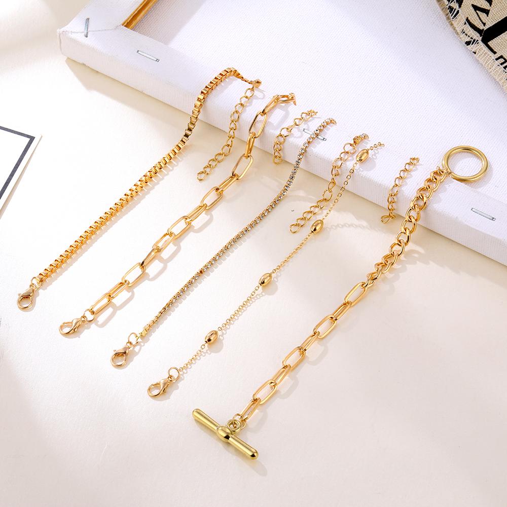 5 Pcs/Set Punk Gold Zircon Thick Chain Bracelet Female Bohemian Geometric Chain OT Buckle Bracelet Set Jewelry Girl Party Gift