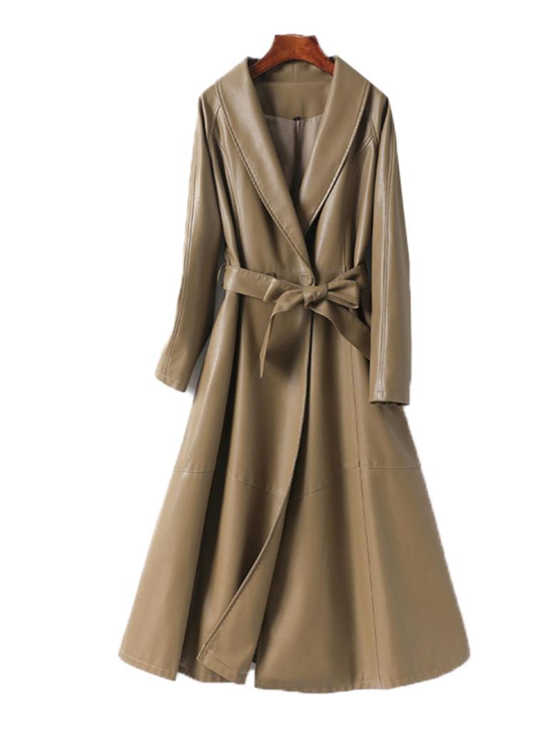 Женское пальто из овчины: Элегантная, со шнуровкой, подчеркивающая талию, длинная юбка в стиле из кожи, Коллекция 2025