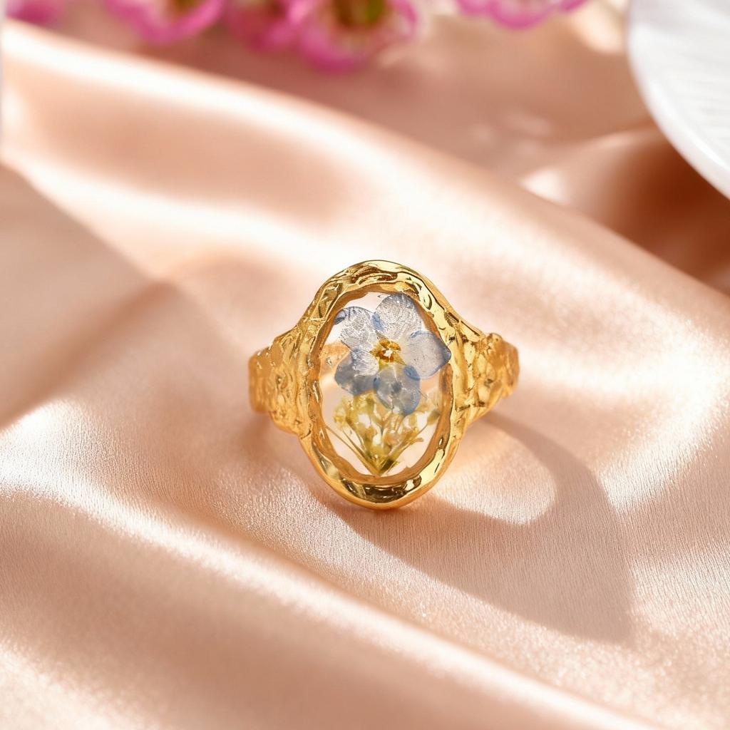 Dainty Real Dry Flower Opening Ring for Women, Geometric Heart Stainless Steel Rings, Personalized Fashion Statement Jewelry