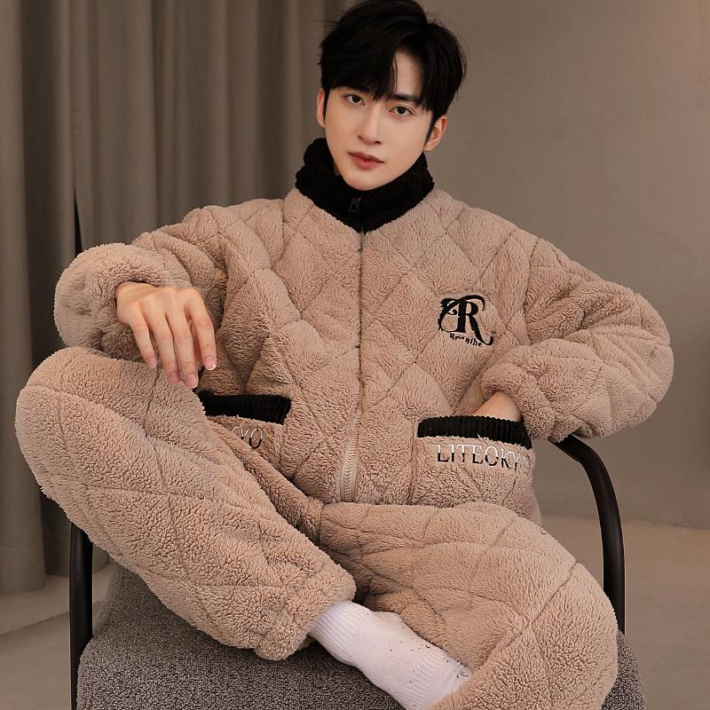 Men's Three-Layer Thickened Cotton Winter Pajamas - Warm, Simple, Luxury, and Suitable for Indoors and Outdoors.