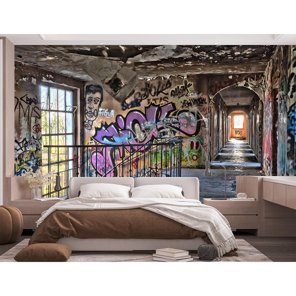Urban Street Graffiti Wall Mural Retro Abandoned School Building Wallpaper Children Kids Adult Bedroom Murals