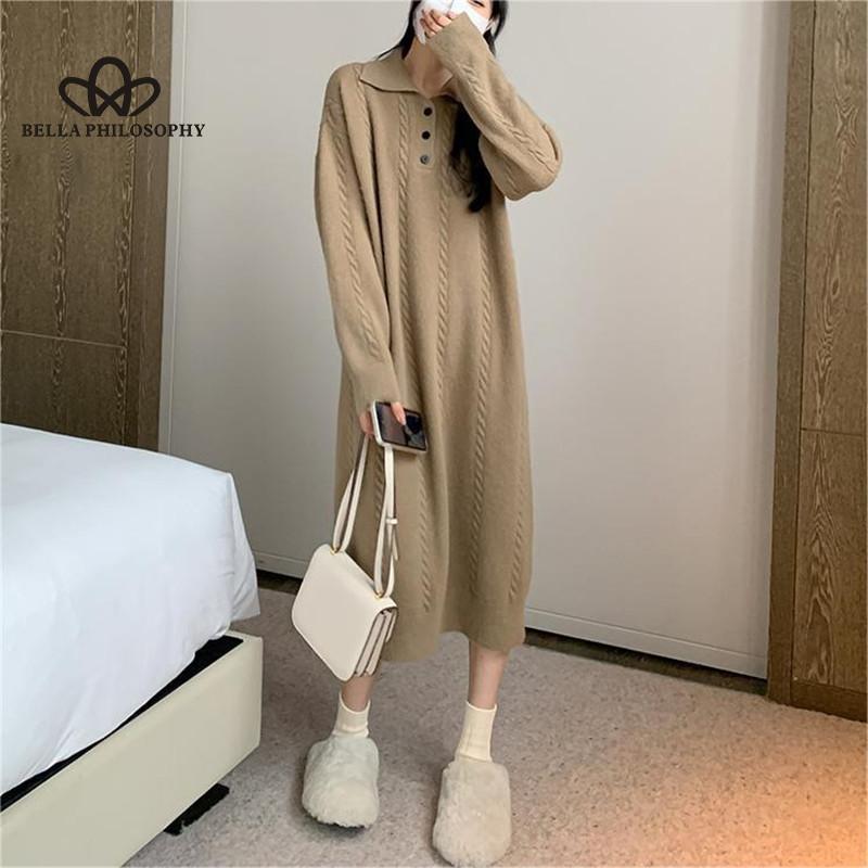 Длинное вязаное платье в корейском стиле в ленивом стиле с лацканами, весна-осень 2024, новый дизайн, однотонное базовое платье-свитер