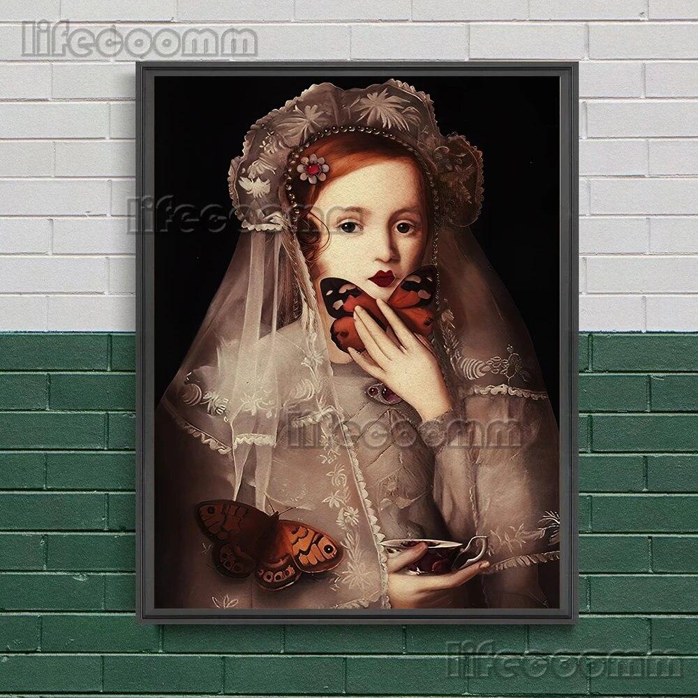 Жуткая готическая девушка в винтажном стиле, настенная живопись на холсте, бабочка, невеста и паук, леди, художественный постер и принт для декора гостиной, без рамки