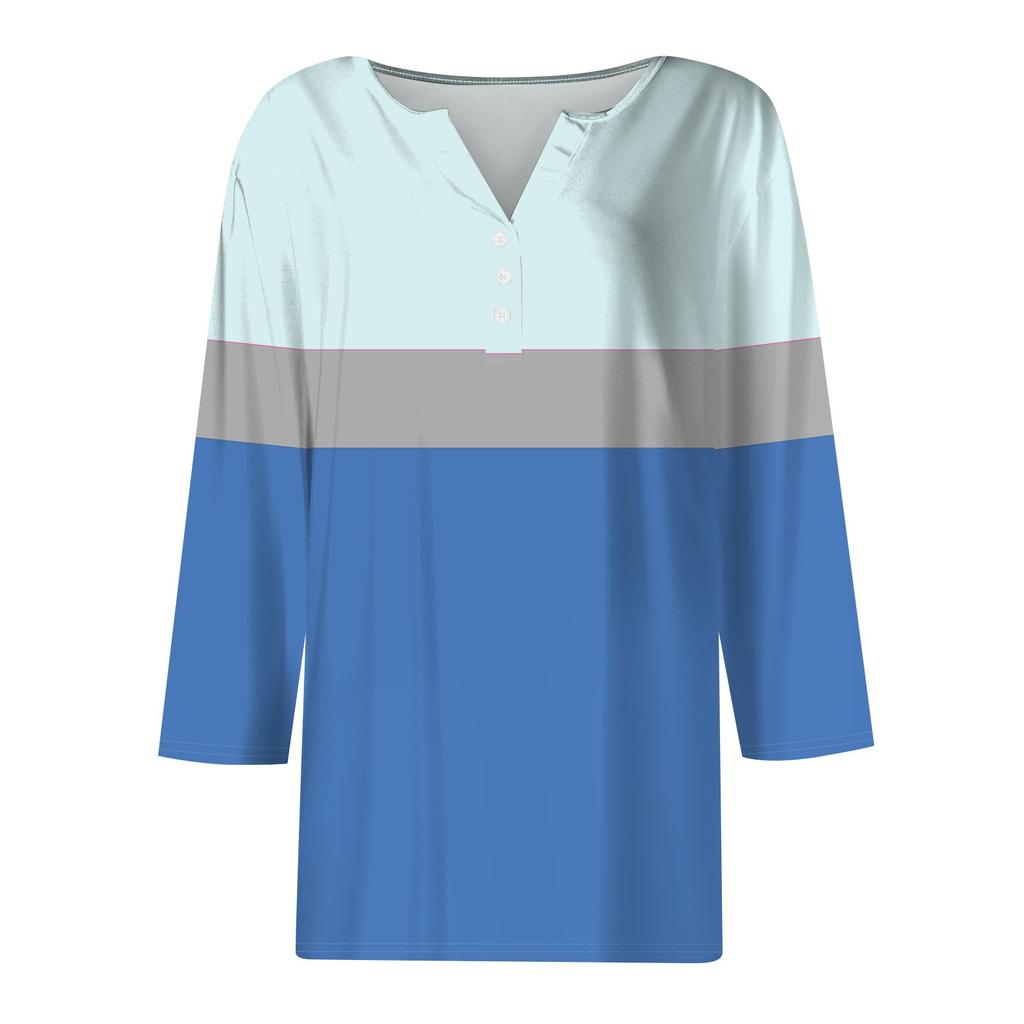 Жен. Футболка Футболка С принтом Пуговицы Рукав 3/4 Повседневные Выходные Мода Классический V-образный вырез Обычный Топ