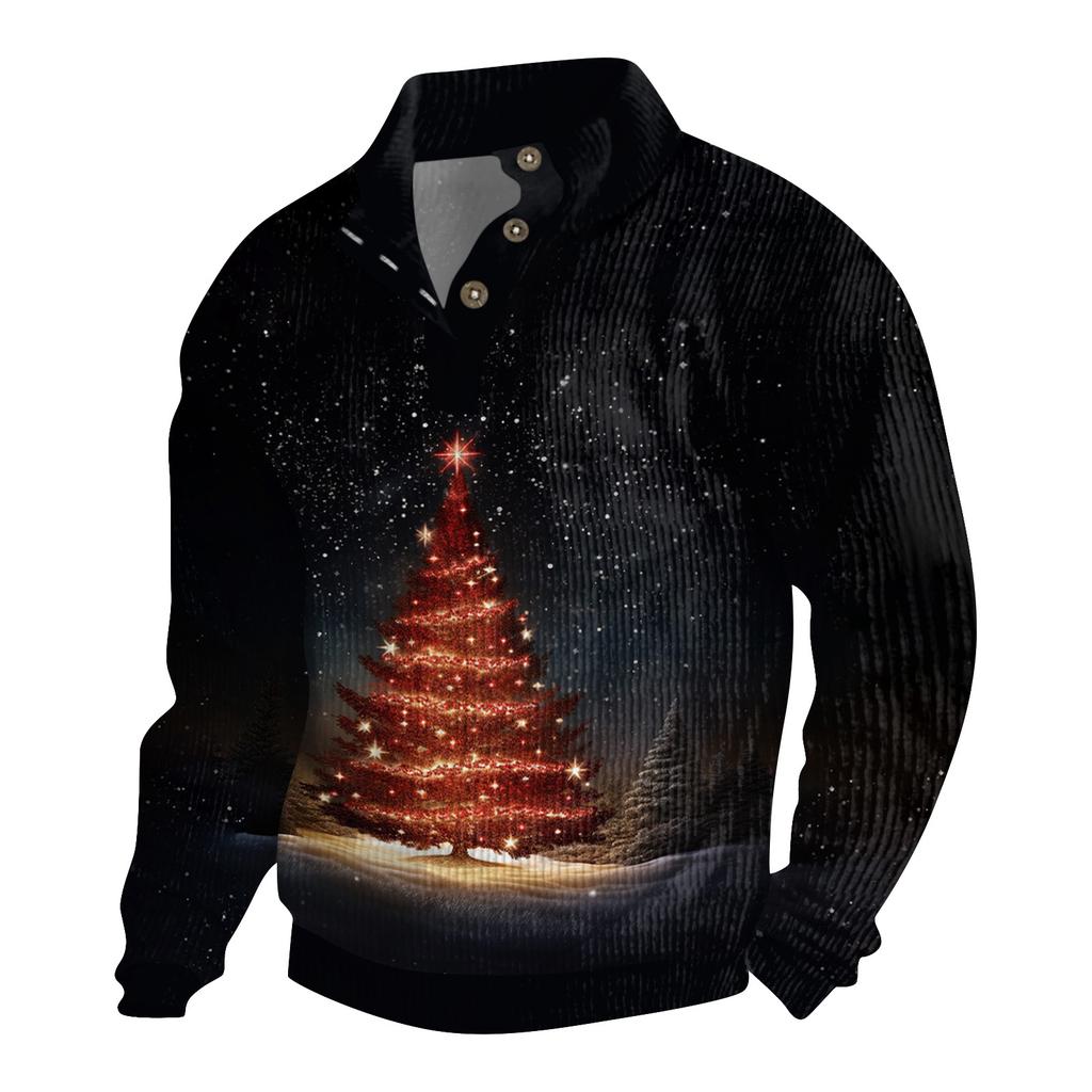 Мужская рождественская хлопковая рубашка-пуловер с длинным рукавом для активного отдыха, винтажная вельветовая рубашка с воротником-стойкой и пуговицами, повседневная толстовка с рождественским принтом