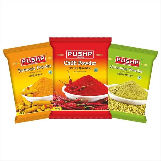 Pushp Brand Combo Pack 200g Each (Chilli Powder, Turmeric Powder, Coriander Powder) - Combo Spices Pack