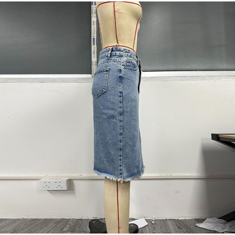Юбки из денима для женщин, джинсы с высокой талией, потертым необработанным краем, юбка-клеш с карманами, летняя узкая юбка с разрезом и запахом