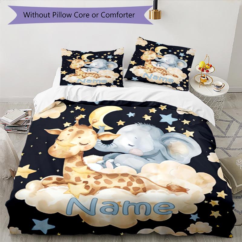 3pcs Custom Name Elephant giraffe Bedding Set Duvet Cover Closure Includes 1 Duvet Cover & 2 Pillowcases, Soft and Comfortable for All Seasons.