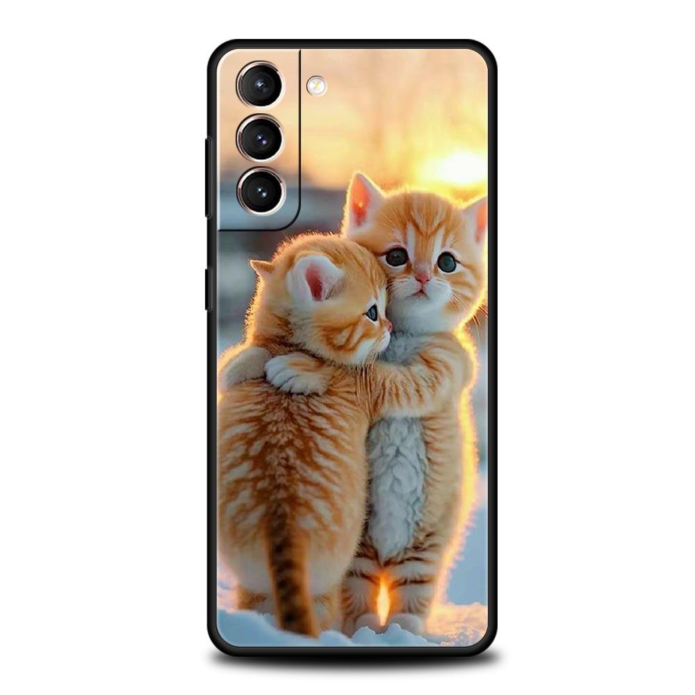 Чехол для телефона 'Целующийся кот' Милый котенок Для Samsung Galaxy S25 S24 S23 FE S22 Ultra S20 S21 5G S10 Plus S10E Мягкая черная крышка