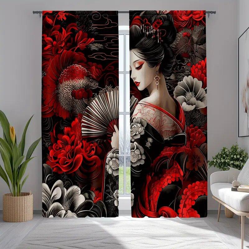 2 шт. - Японские шторы с принтом гейши в кимоно, шторы с кулиской, украшение для дома, украшение для комнаты