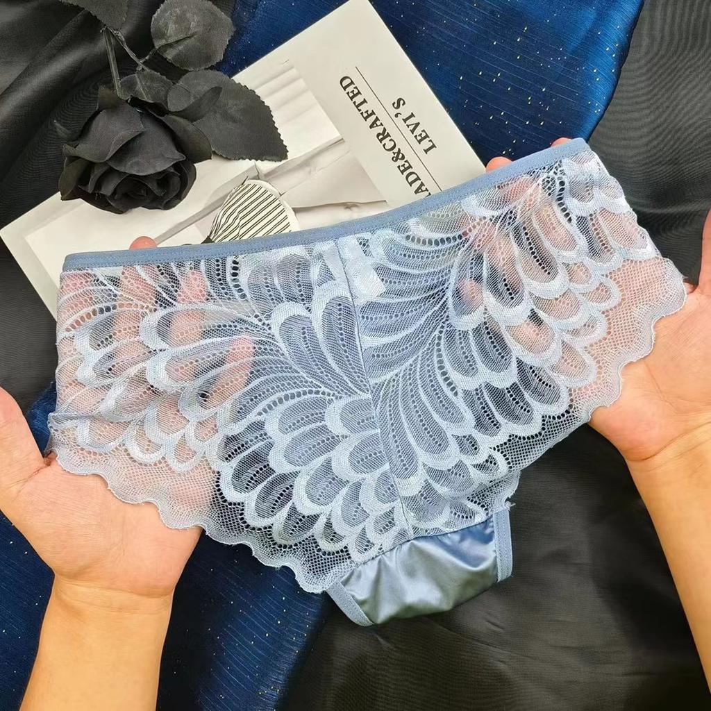 Bowknot Hollow Lace Panties for Women Satin Pure Cotton Crotch Breathable Sexy Mid-waist Women Briefs Underwear Knickers EMA