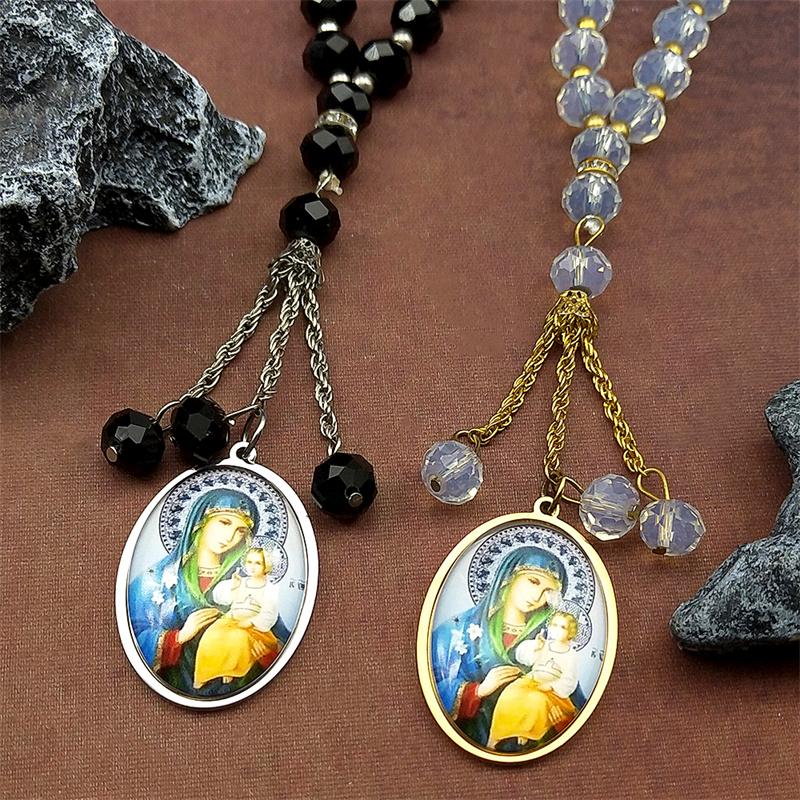 Virgin Mary Baby Jesus Glass Medal Car Pendant for Women Men Stainless Steel OUR LADY Catholic Amulet Prayer Beads Chain Jewelry