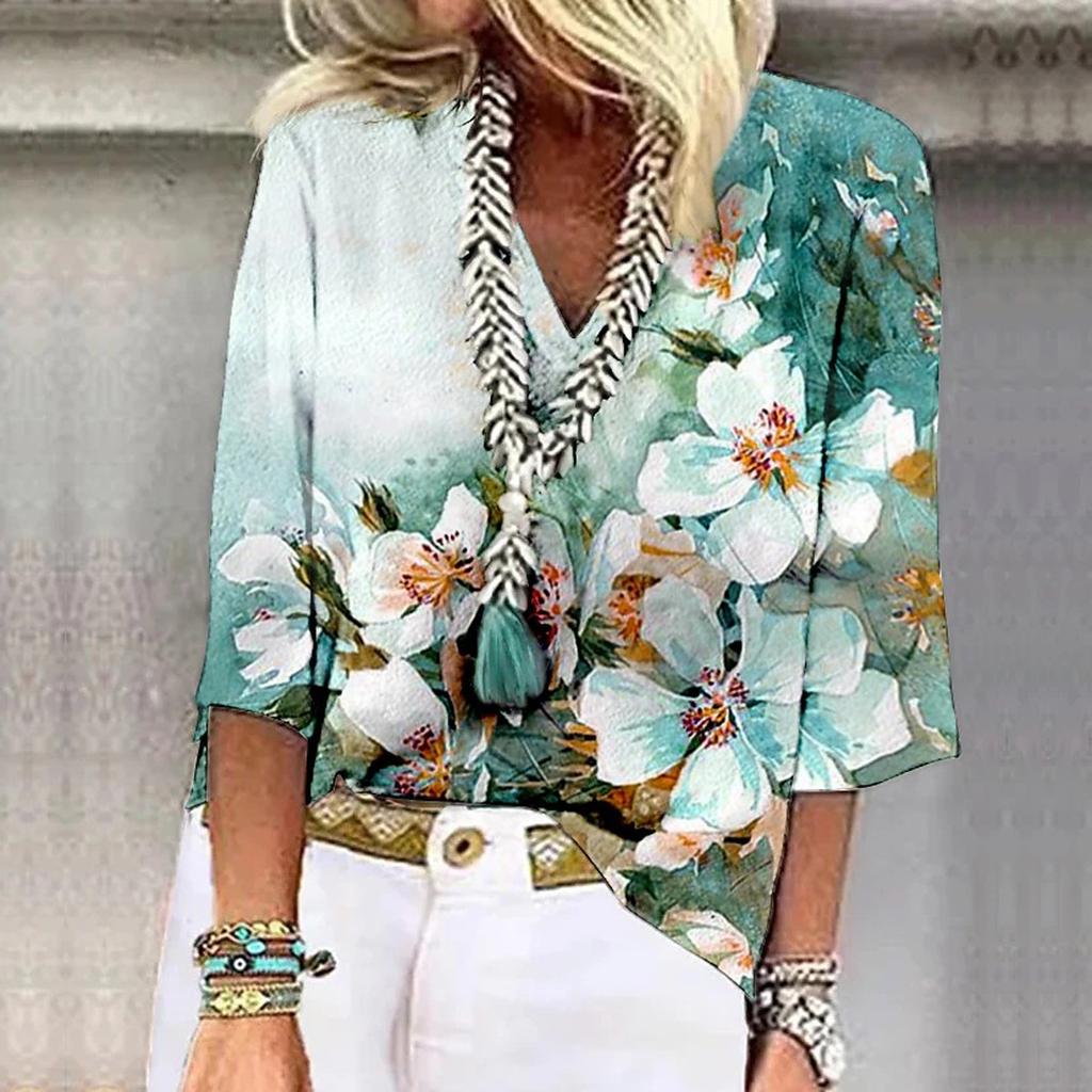 Женская рубашка, блузка, повседневные свободные рубашки, рукава 3/4, топы с v-образным вырезом и принтом, топы с принтом, футболки, футболки