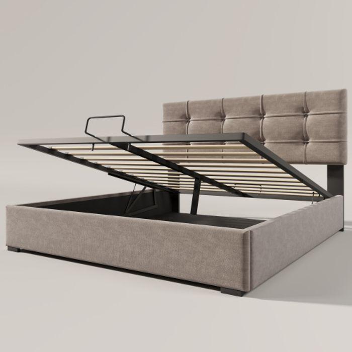 Lit double 140x200 cm - MUVOE - Tête de lit réglable - Coffre de rangement - Velours gris - Sommier à lattes