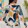 Women Plus Size Collared Neck Long Sleeve Geometric Printed Shirt Green Khaki Button Front Curved Hem