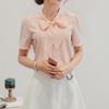 Летняя женская розовая белая шифоновая блузка, модная корейская рубашка с воротником-бабочкой, повседневная офисная рубашка с коротким рукавом, базовый топ