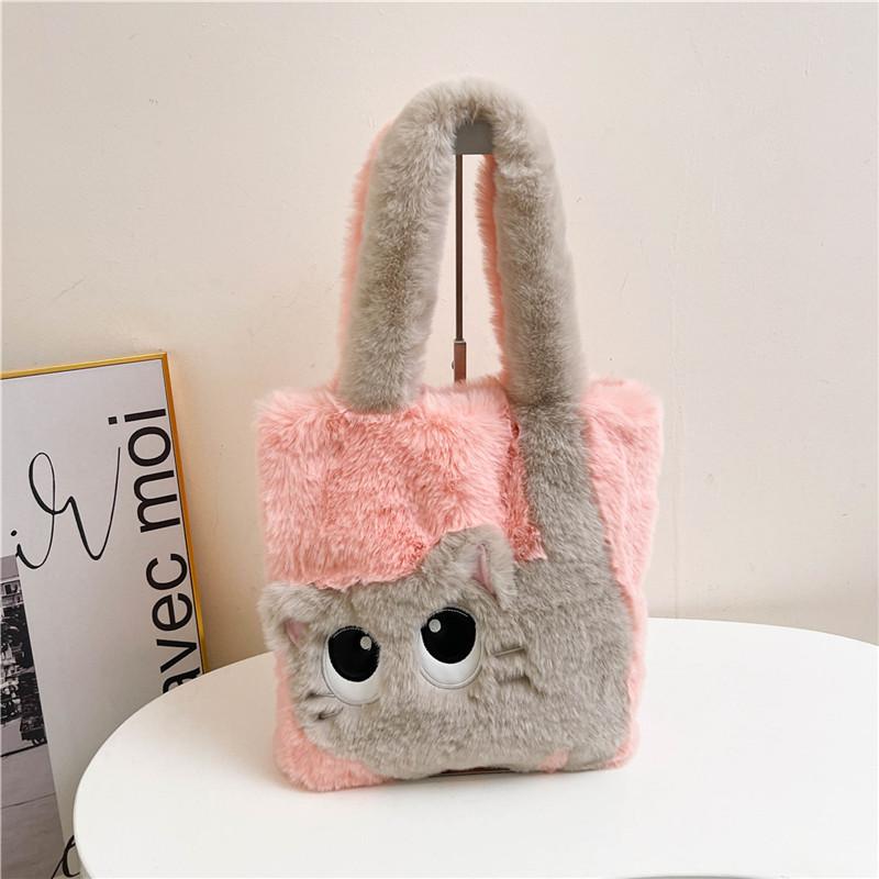 Модная милая плюшевая сумка через плечо с кошачьим узором, шикарная плюшевая сумка-тоут для женщин на осень и зиму, мультяшная сумка из мягкого искусственного меха с кошкой