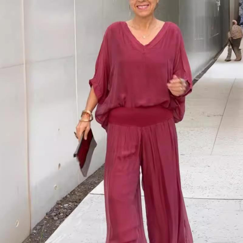 Женский сексуальный топ с V-образным вырезом, короткими рукавами и широкими брюками, летние повседневные наряды из шифона, повседневные свободные уличные комплекты из двух предметов