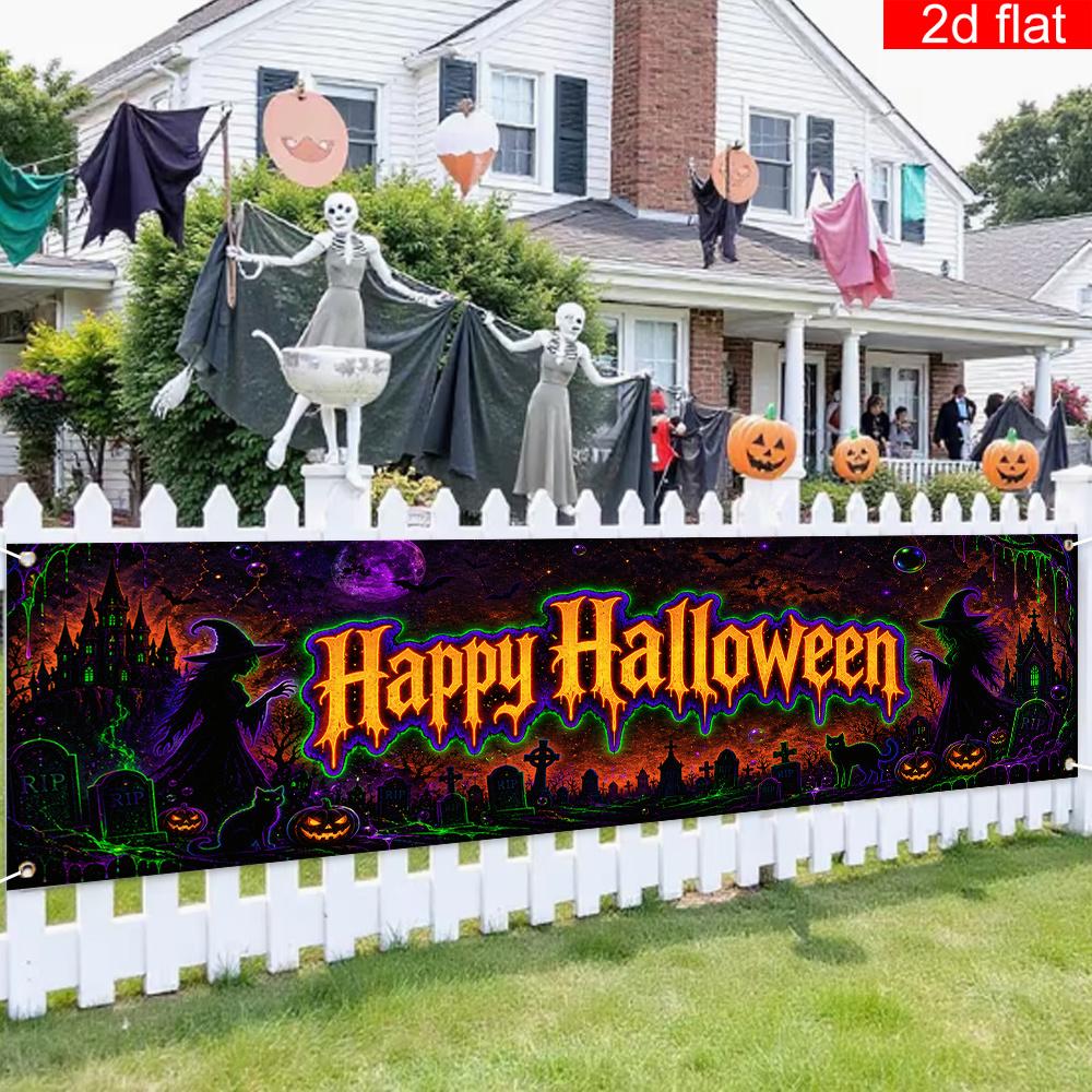 Halloween Yard Sign Party Banner, Spooky Castle Pumpkin Black Cat Pattern, Polyester Outdoor Garden Courtyard Fence Decoration