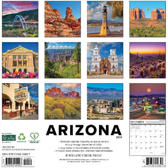 Willow Creek Press, Arizona Travel and Events 2026 Wall Calendar, 12'' X 12'', 18-Month Calendar with Stapled Binding