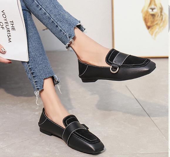 Новые весенние женские туфли в корейском стиле с неглубоким воротом и плоским квадратным носком, одна педаль, ленивые кожаные туфли, гороховые туфли