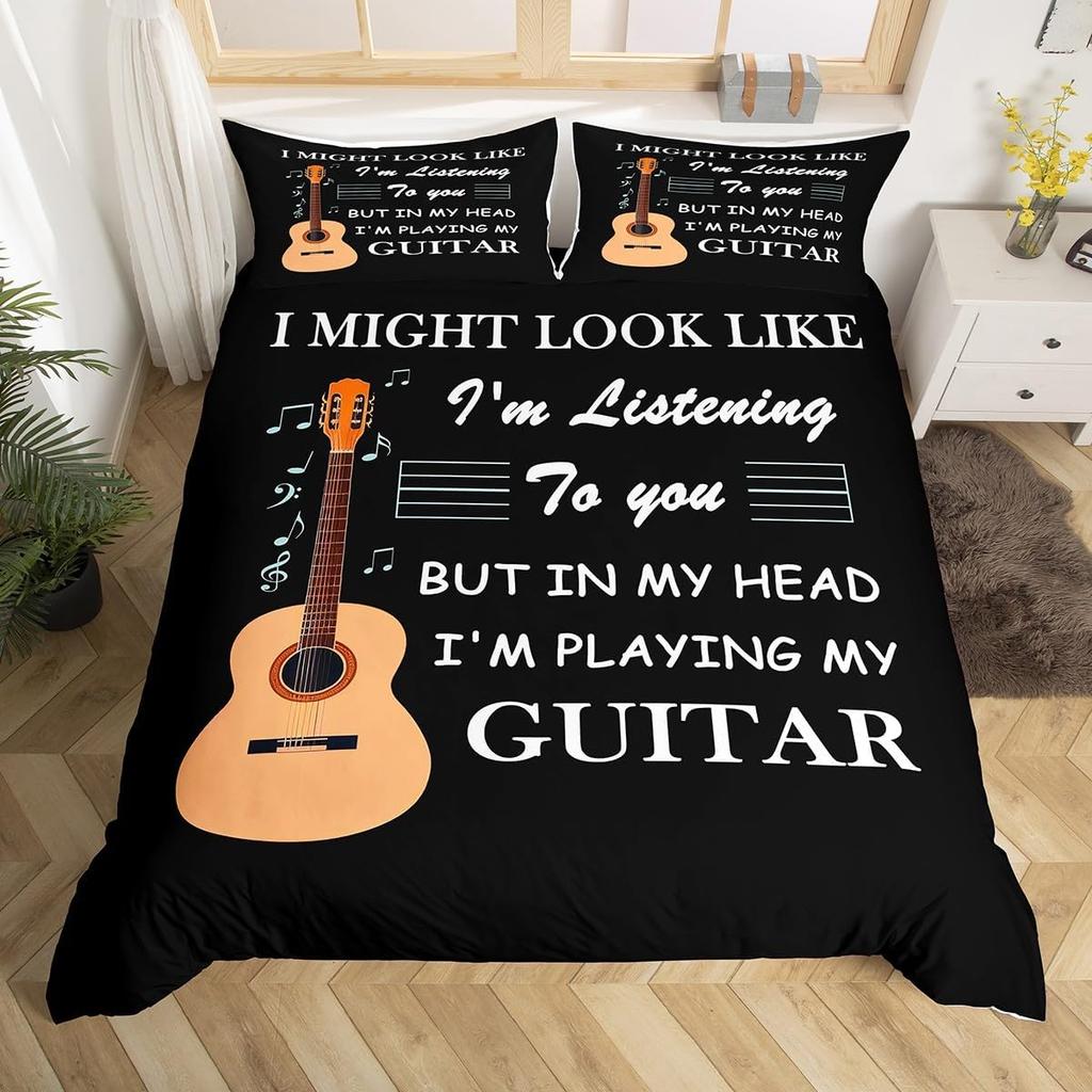 Guitar Duvet Cover Twin,Modern Music Themed Bedding Set Kids Cool Hip Pop Inspired Bed Cover,Musical Instrument Comforter Cover