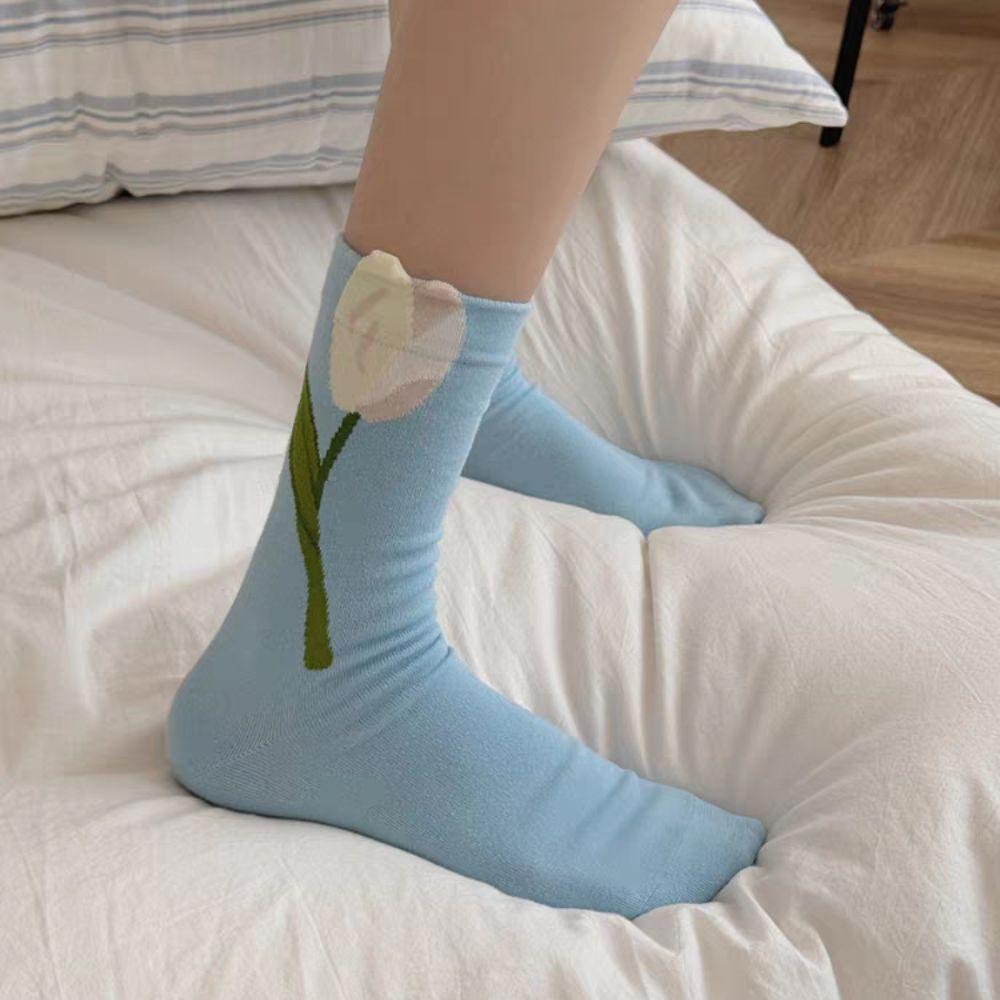 5Pairs Breathable Mid Tube Socks Thin Socks for Women Cute Tulip Flower Socks  Lady