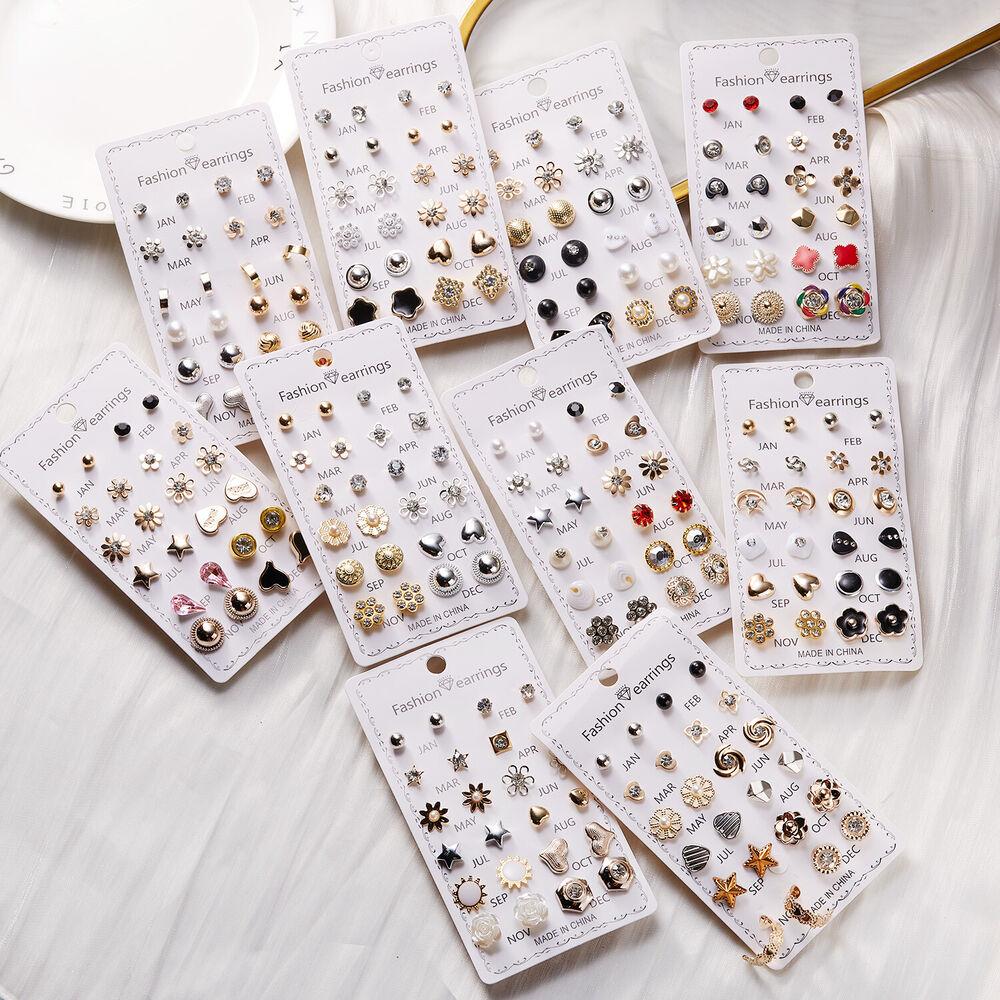 12 Pairs Earrings Set Stud Crystal Pearl Butterfly Flower Heart Women Jewelry