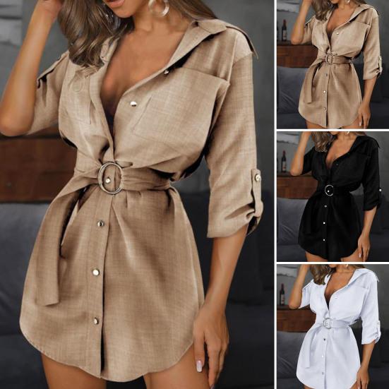 Half Sleeve Elegent Beauty Lady Dress Above Knee Loose Closure Summer Turn-down Collar Soft Button Shirt Dress Dress