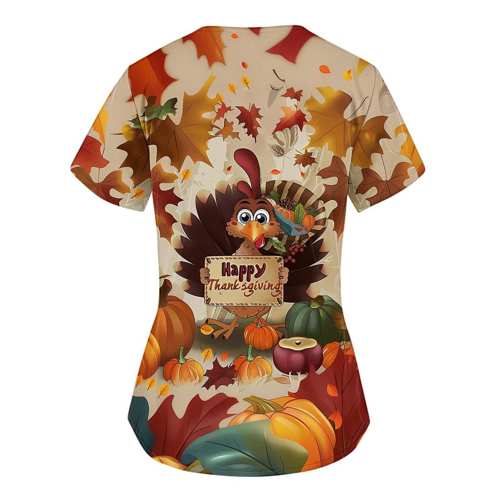 Плюс размерСкраб с принтом Рабочая форма Топы для женщин Крест V-образным вырезом Хэллоуин Принт с короткими рукавами Забавные футболки Спецодежда Футболка с карманами