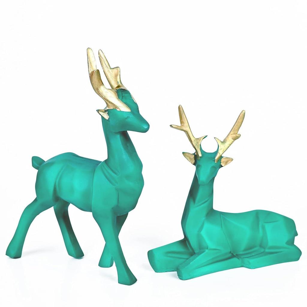 Set of 2 Deer Resin Showpieces Hiran Statues for Home and Office Décor, Nature-Art Pieces, Ideal Gift for Nature Lovers, Family, and Friends (Green)