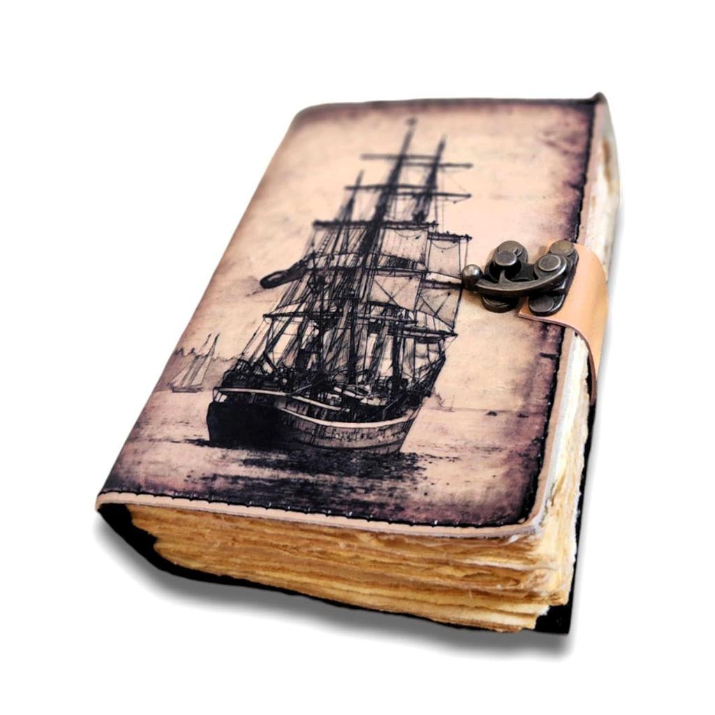 Sailing Ship Leather Journal Dairy Notebook Sketchbook 200 Deckle Papers C-Shape Lock for Closure