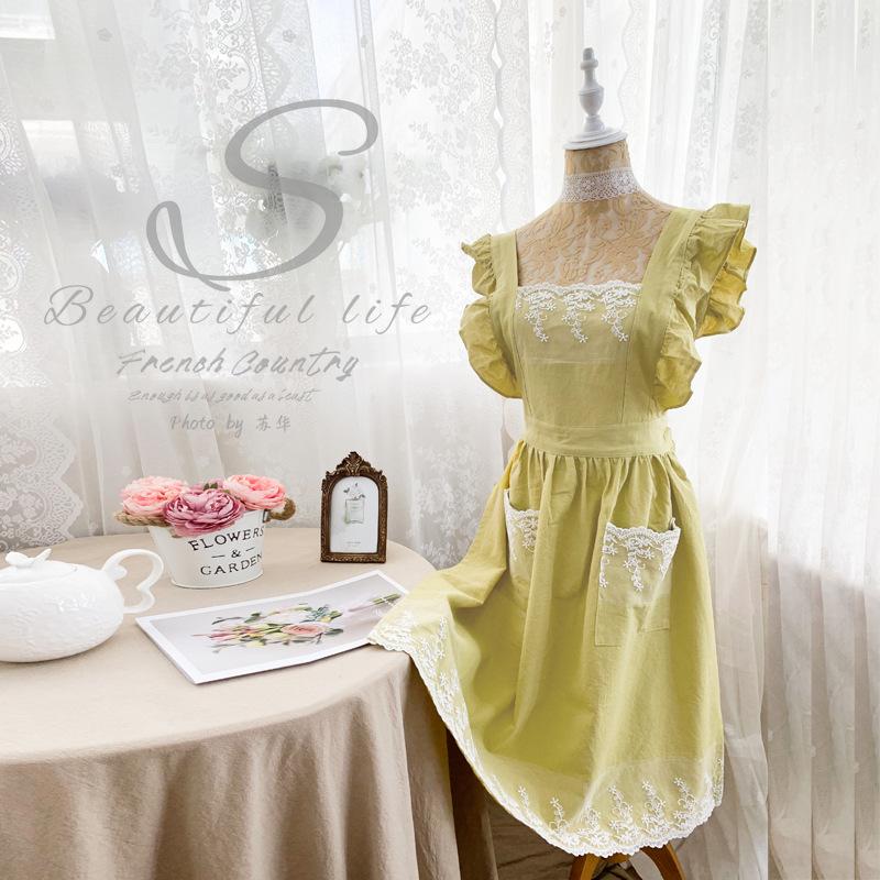 Винтажное модное хлопково-льняное платье-фартук с рукавами-рюшами и кружевной отделкой