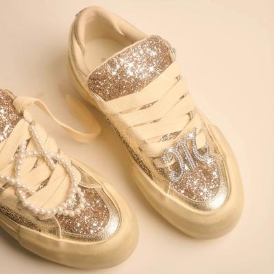 Интернет-знаменитость серебристые маленькие белые туфли блестящие пайетки на толстой подошве с увеличением роста старые грязные туфли ретро повседневные кеды модная обувь