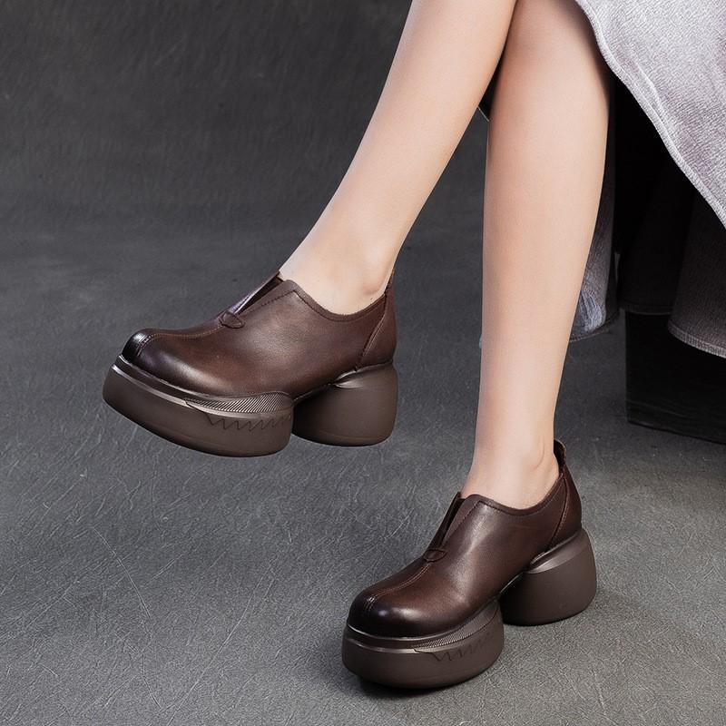 Fashion GKTINOO 2025 Spring Autumn Thick Sole Genuine Leather Shoes Comfortable Wedges Handmade Retro Women Shoes Slip On Pumps