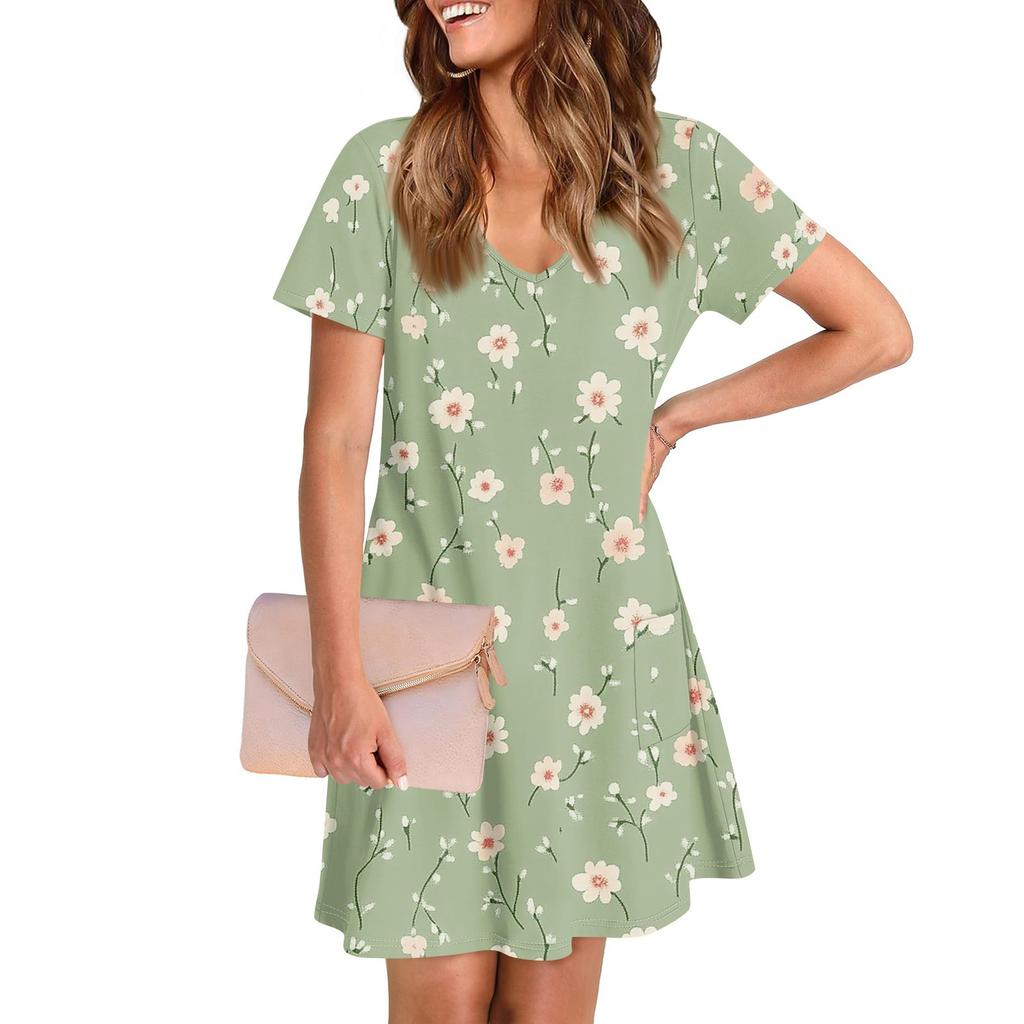 Женское повседневное и модное платье средней длины с V-образным вырезом и коротким рукавом с принтом